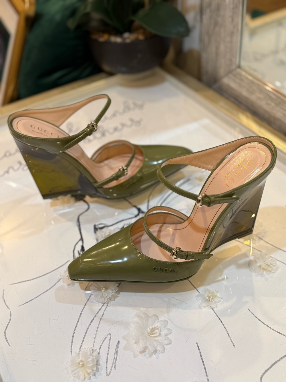 Gucci Olive Patent Leather Double-Strap Wedge Pumps - Picture 4 of 13